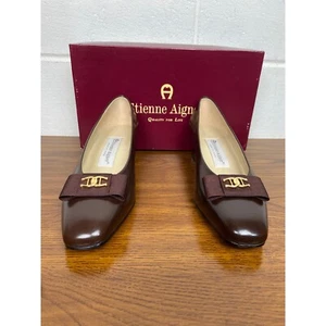VTG Etienne Aigner Fiesta Leather Pumps Block Heel Classic Bow Heels Brown 7.5M - Picture 1 of 8
