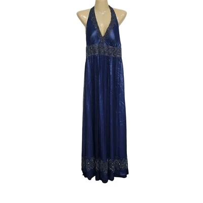 Adrianna Papell Dress Blue Evening Halter Gown Size 14 Polyester Silk Embellishe - Image 1 of 4