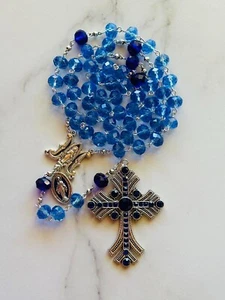 Blue Austrian Crystal Glass Beads Rosary / Necklace For A Special Family Gift - Picture 1 of 7
