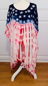 American Flag Tie Dye Kaftan Dress With Fringe Lightweight OSFM - Picture 1 of 2