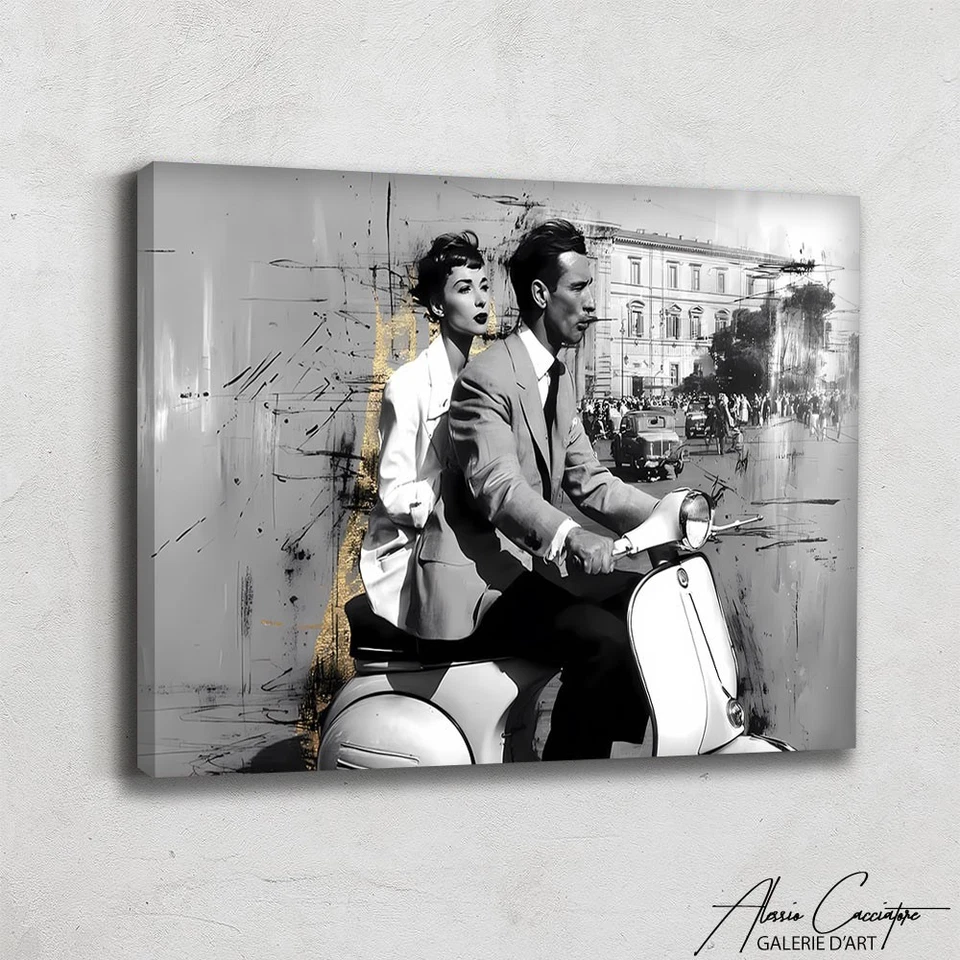 Retro Romance Wall Art Canvas Vespa Couple Print Framed Vintage Italian Art - Image 1 of 4