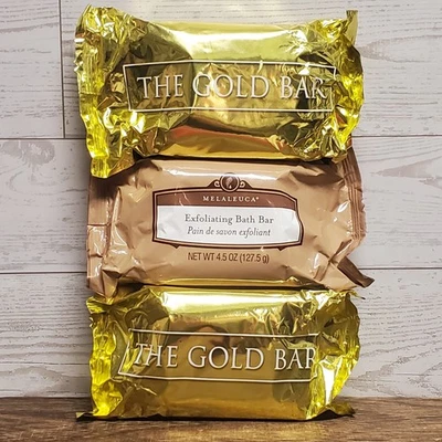 Pacote com 3 sabonetes MELALEUCA THE GOLD BAR & ESFOLIANTES barras de banho tamanho completo NOVO/SELADO  - Imagem 1 de 4
