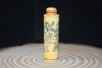 3.1" Tíbet antiguo hueso de yak tallado a mano belleza personaje botella tabaco escultura Foto 1 de 4