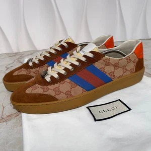 Auténticas Tenis Gucci G74 Web Logo Abeja Marrón GG Lona Gamuza 9 G 9.5 EE. UU. 43 UE - Imagen 1 de 14