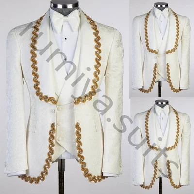 Trajes de lujo dorados con cuentas para hombre marfil jacquard boda esmoquin graduación blazer 3 piezas Foto 1 de 4