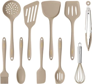 CAROTE 10pc Silicone Kitchen Utensil Set, Nonstick, Dishwasher Safe, Brown - Picture 1 of 7