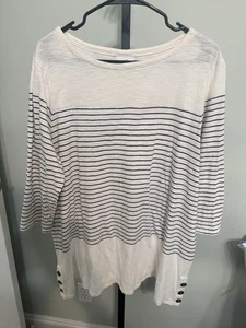 J Jill XL Tunika Oberteil off white gestreift schwarz 3/4 Ärmel Knopfakzente - Bild 1 von 9