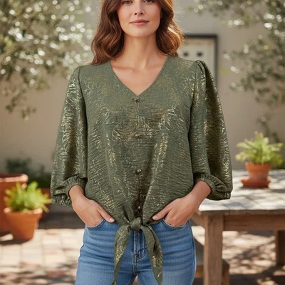 Olivia & Martin Top Women Medium Metalic Foliage Tie Front V Neck Blouse - Image 1 of 4
