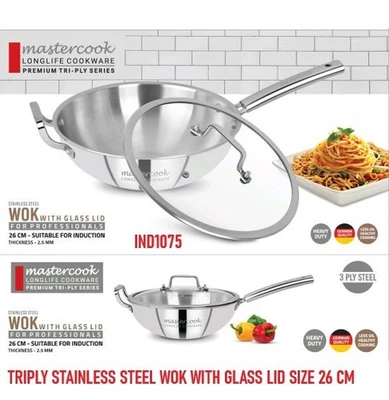 MASTERCOOK TRIPLY STAINLESS STEEL WOK WITH GLASS LID FRYING PAN 3 LAYERS 2 SIZES - Image 1 of 3
