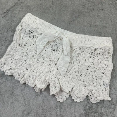 Pantalones Cortos Letarte Crochet Mujer L Blanco Algodón Cintura Atada Dobladillo Vieira Boho Ropa de Playa Foto 1 de 4