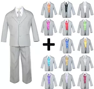 7pc Satin Vest Neck Tie Boy Baby Toddler Teen Silver Gray Formal Suit S-20 - Picture 1 of 44