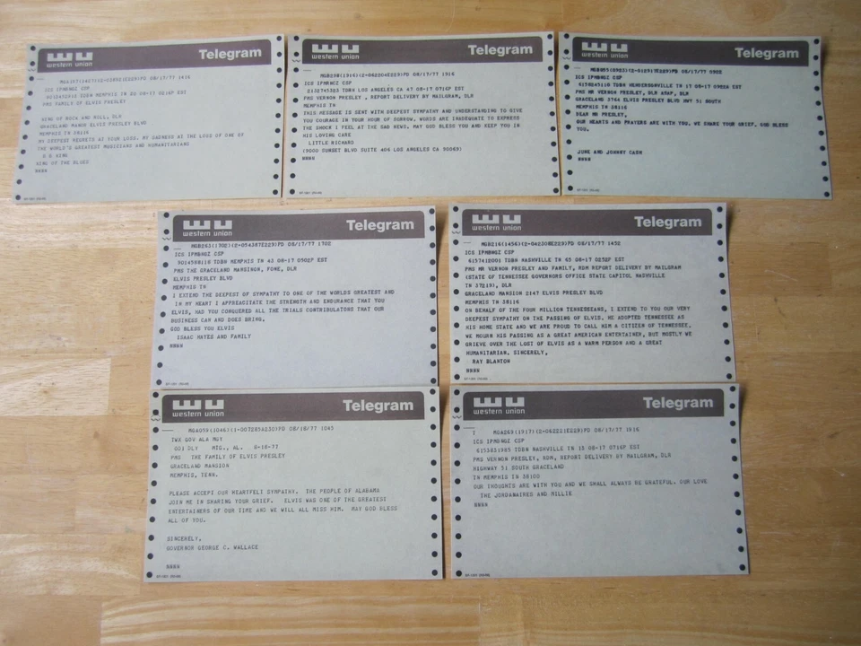 Elvis Presley: (7) Western Union Telegrams condolences Elvis death, Cash, B.B. - Image 1 of 1