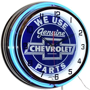 We Use Chevrolet Genuine Parts Sign Double Neon Clock Garage 19" Blue Chevy - Bild 1 von 2