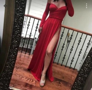 Bodenlanges Schulterfreies Abendkleid Abiball-Kleid rot Mit Schlitz - Bild 1 von 1