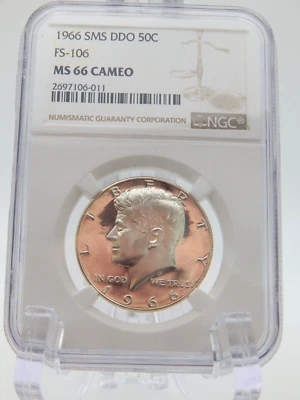 1966 SMS Kennedy Half Dollar. DDO FS-106  NGC MS 66 CAMEO    (BT691) - Image 1 of 4