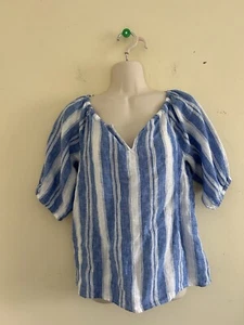 Talbots Top Womens Blue Stripe Linen Puff Sleeve Pullover Blouse Sz P Petite - Picture 1 of 6