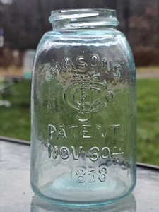 Vintage Masons Patent Nov 30th 1858 MIDGET CFJ Co Fruit Jar - Light Blue  5 1/2" - Picture 1 of 8