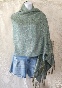 Pashmina 100% Pashmina Shawl Wrap Blues, Greens & Gold Fringed Scarf 70 x 27 - Picture 1 of 3
