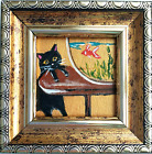 Black cat and fish oil Painting gold artwork framed Funny cat original framed