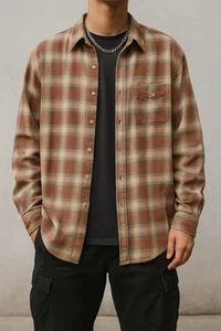 Dockers Khakiware Mens Plaid Flannel Shirt L Red Beige 100% Cotton - Picture 1 of 9