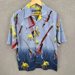 Vintage Hawaiian Shirt Mens Medium Blue Guitar Box Office Loop Collar 90s Y2K - Picture 1 of 7