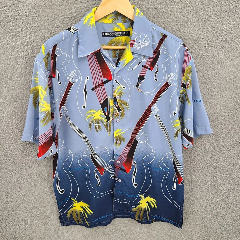 复古夏威夷衬衫男式中号蓝色吉他盒办公室环领 90 年代 Y2K — 第 1/4 张图片