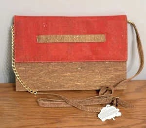 Artelusa Vegan Coral & Natural Cork Shoulder Bag w/ Cork/ Gold-toned Chain Strap - Picture 1 of 9