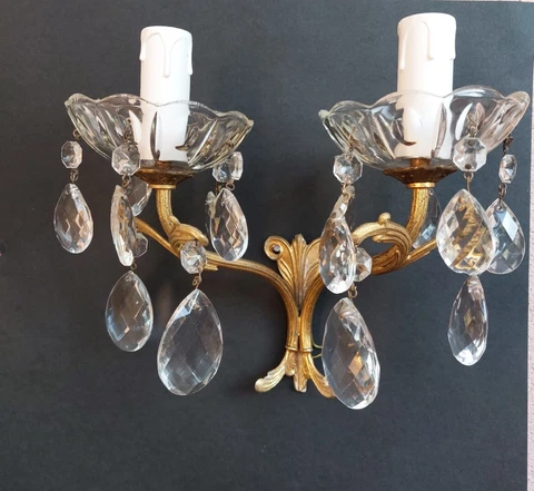 Vintage Antique Pair of French Empire Brass Crystal 2 Light Sconces Wall Lights Cover