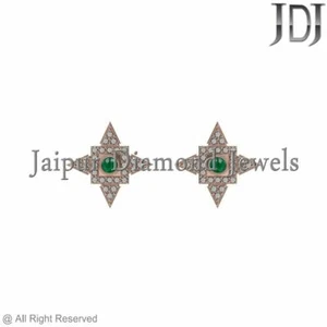 Solid 14 K Rose Gold Micro Pave Diamond Emerald Starburst Stud Earrings Jewelry - Picture 1 of 3