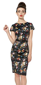 VOODOO VIXEN FLORAL PRINT SATIN DRESS EMO PENCIL PIN UP ROCKABILLY SEXY DRA2423 - Picture 1 of 3