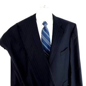 Jos A Bank Signature Gold Wool 2 Button 2 Piece Suit 48L Blue Striped 44/28 Plea - Picture 1 of 11