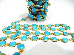 1 Foot Natural Turquoise Faceted Cushion shape 9mm size Bezel Connector Chain