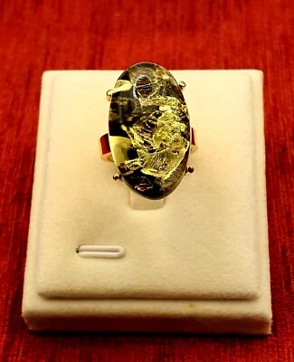 Green Baltic Amber Ring-925 Sterling Silver-14K Gold Plated-M UK Size-6 1/2 US - Image 1 of 4