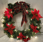 Greenery Christmas Holiday Seasons 15” Lighted Wreath Poinsettia Bow