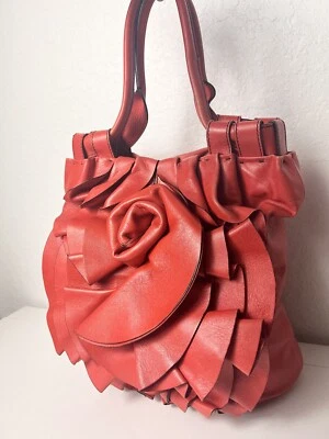 Valentino Garavani Red Leather Bucket Bag Rose Flower Purse Rare Handle Tote - Image 1 of 4