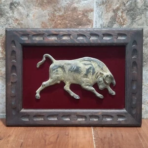 Vintage Metal Brass Bison Bull Red Velvet Wood Framed Wall Decor - Picture 1 of 12