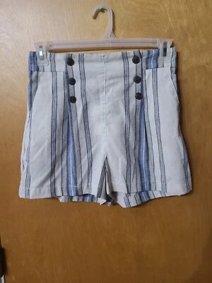 CI Sono Linen Collection Ivory & Blue Striped Shorts w/Button Detail, Med, NEW - Image 1 of 4