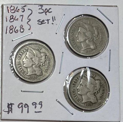 1865, 1867, 1868 Three Cent Nickels 3pc Set Cover