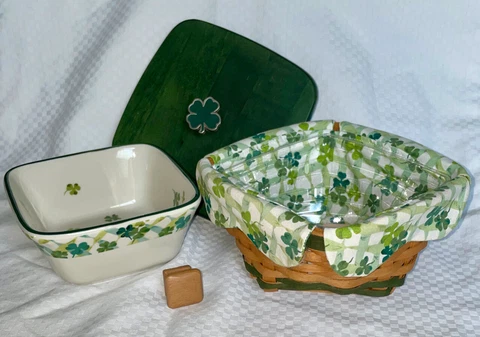 Longaberger Irish Set Lucky Twist Basket Dish Protector Liner Lid Shamrock Knob Cover
