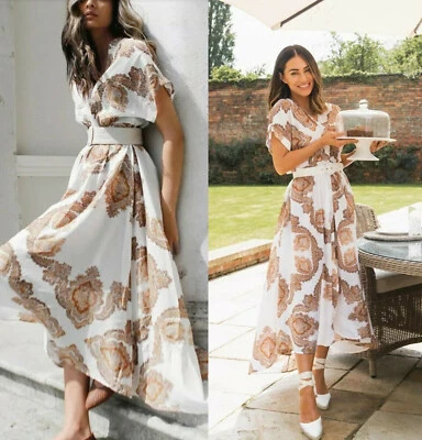 H&M сознательный белый коричневый золотой пейсли печать миди кафтан платье размер 10 6US пляж - Изображение 1 из 4