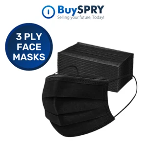 Face Masks Black Disposable 3 Ply Cotton Fabric w/ Elastic Ear Loop - Picture 1 of 11