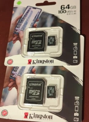 LOT 2 Kingston 64GB MicroSD SDXC Class10 U1 A1 Memory Card TF 100MBs w/ Adapter - Image 1 of 4