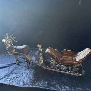 Vintage ANCO Reindeer with Sleigh Brass and Pine Wood - Picture 1 of 6