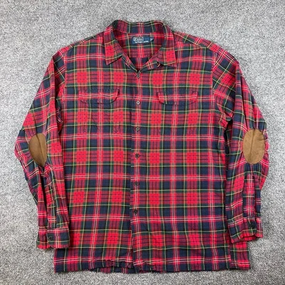 De Colección Polo Ralph Lauren Camisa Para Hombres L Rojo Franela a Cuadros Cuello Lazo Coderas LEER Foto 1 de 4