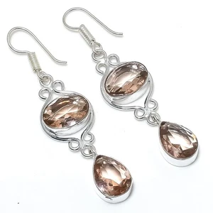 Peach Morganite Gemstone Handmade 925 Sterling Silver Jewelry Earring Size 2.6" - Picture 1 of 1