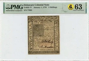 1776 January 1 5 Shillings Delaware Colonial Note DE-77 PMG CH63 GCC Gold - Picture 1 of 2