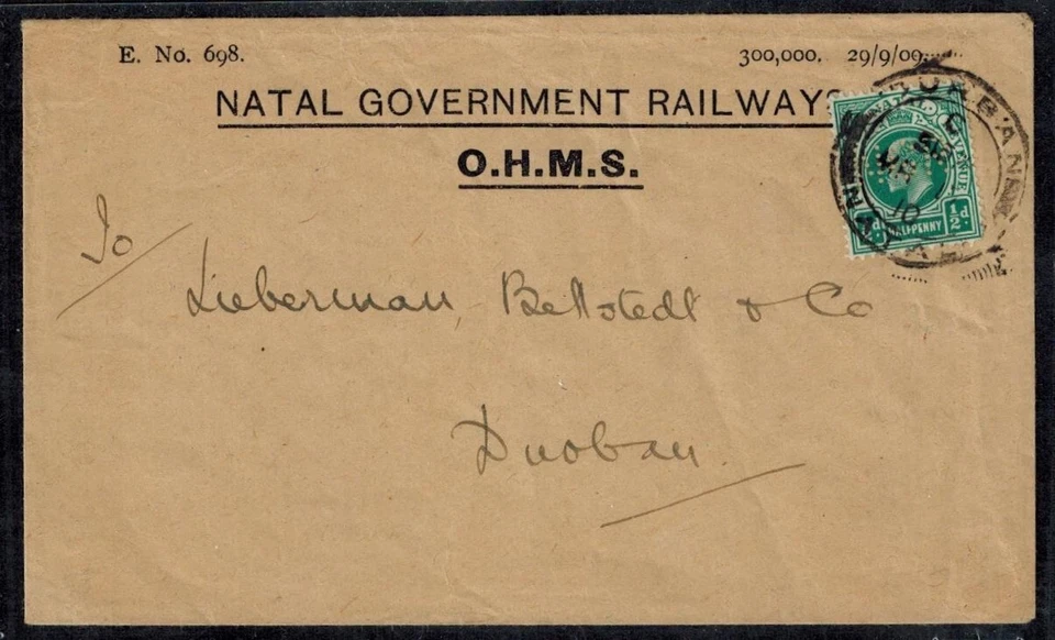 Natal Officials 1/2d SG 01 NGR Punched Used Mar 17 1910 VERY RARE ON COVER! - Image 1 of 1