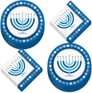 Happy Hanukkah Menorah Paper Dinner Plates and Luncheon Napkins (Serves 16) - Picture 1 of 5