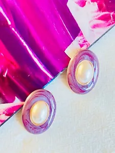Large Purple Oval Ripple Enamel White Pearl Retro Clip Earrings Gold Women Her - Picture 1 of 8