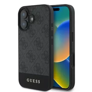Case IPHONE 16 Guess Faux Leather Pattern Grey Logo Text Golden - Bild 1 von 8